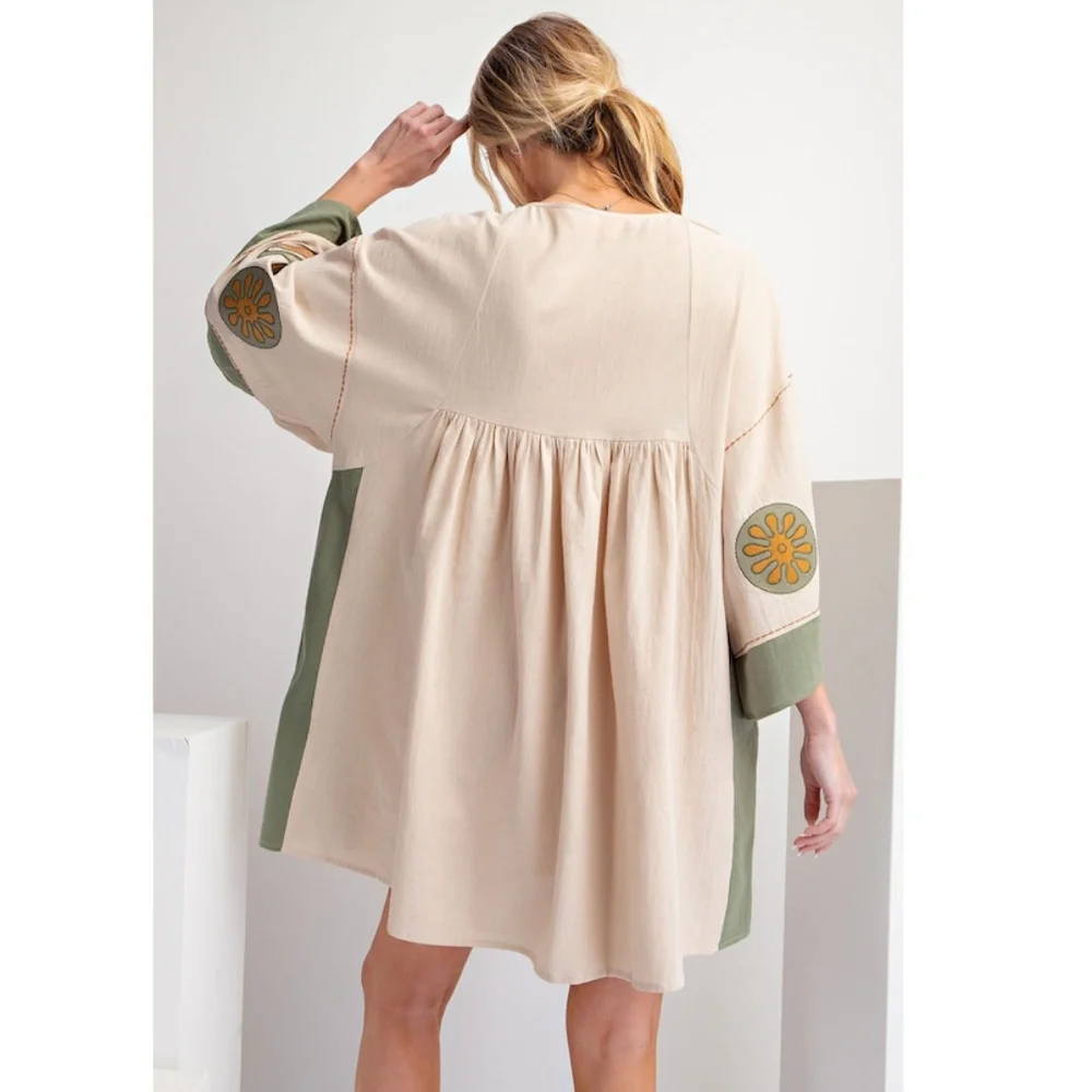"The Kavi" Cream Embroidered Poly Linen Dress with Pockets. OBO - Picture 3 of 3
